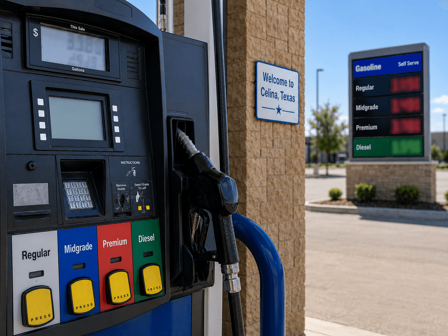 Gas prices at the pump in Celina Texas - Illustration Jake Team LLC
