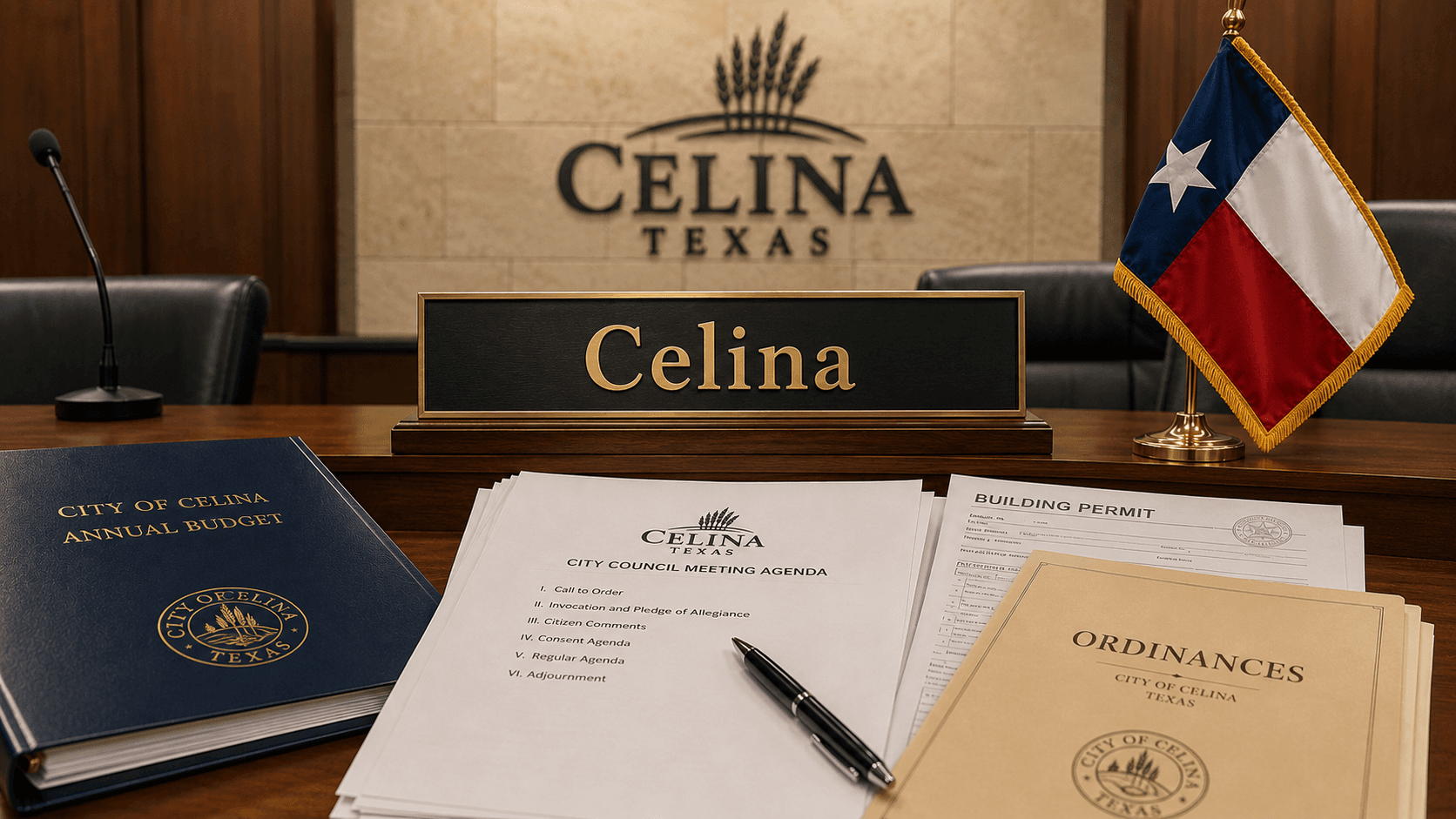 Celina Texas reviews permits, bills, and city agenda items - Illustration Jake Team LLC