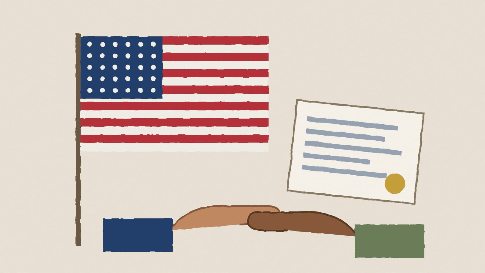 Flag, folded papers and helping hands - illustration, Jake Team LLC