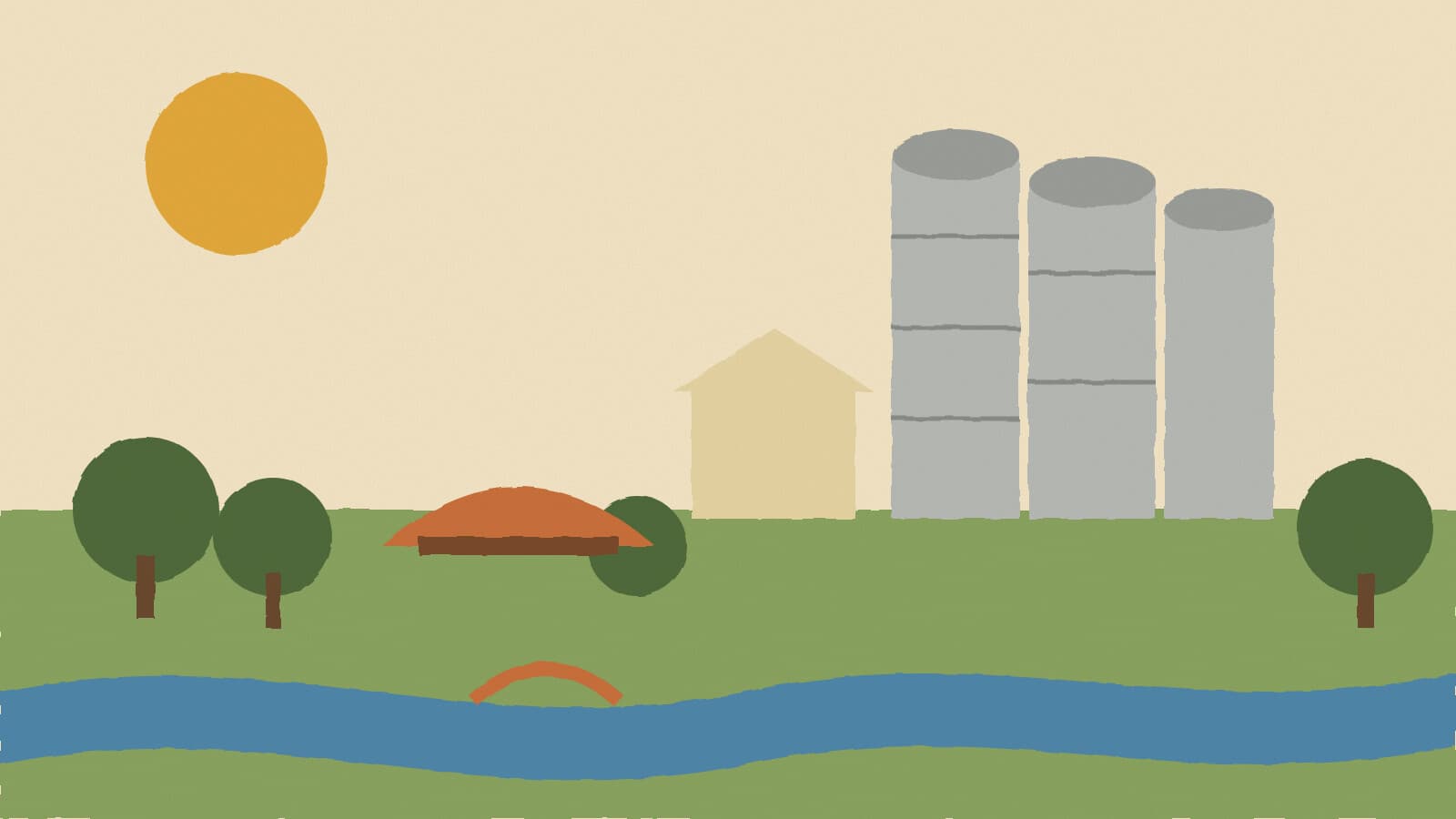 Grain silos beside a creek park - illustration, Jake Team LLC