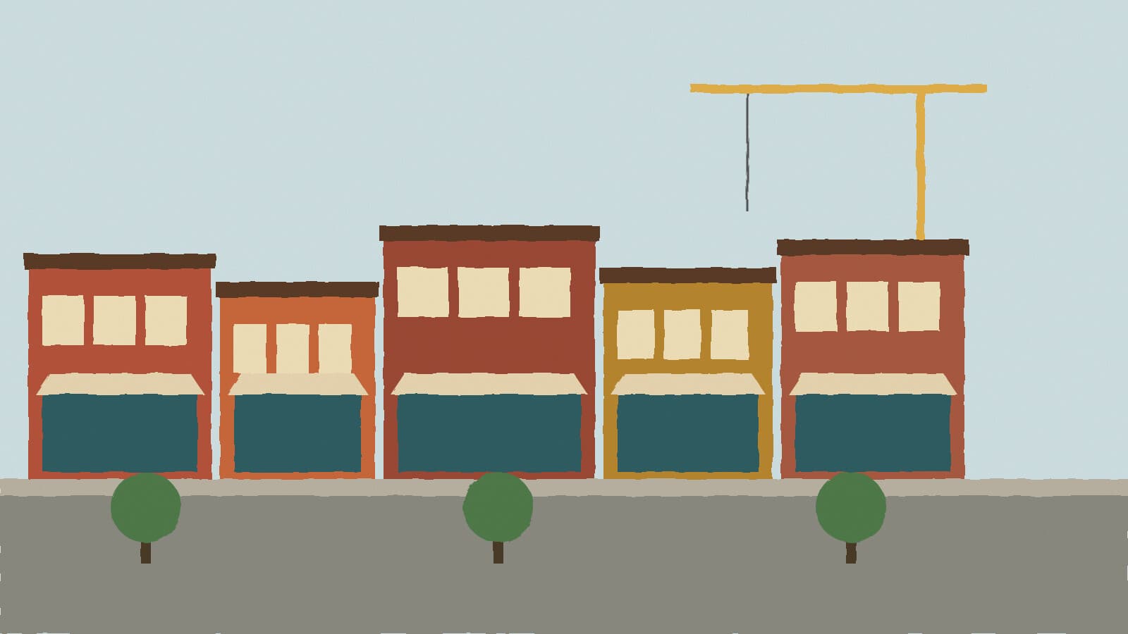 Brick storefronts on a town square - illustration, Jake Team LLC