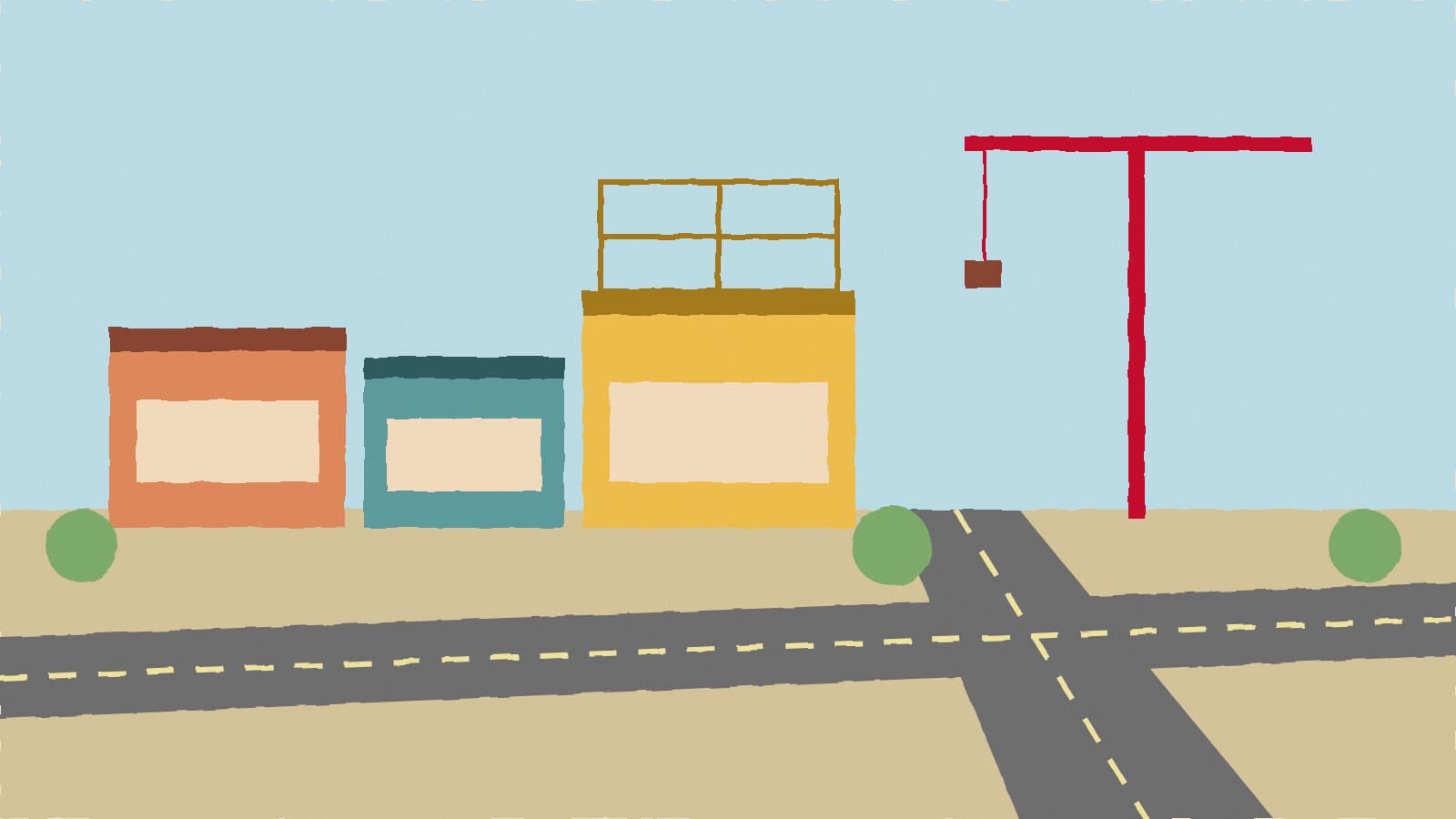 Storefronts rising near crossroads - illustration, Jake Team LLC