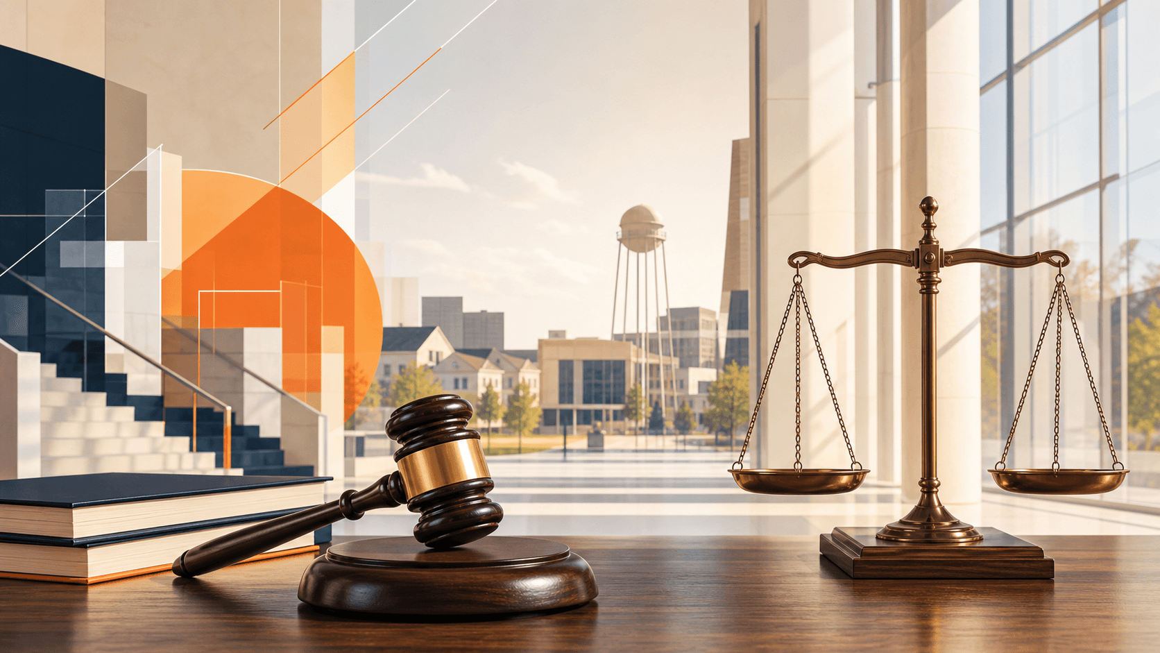 Modern Celina-themed justice illustration with courthouse light, a gavel and balanced scales.