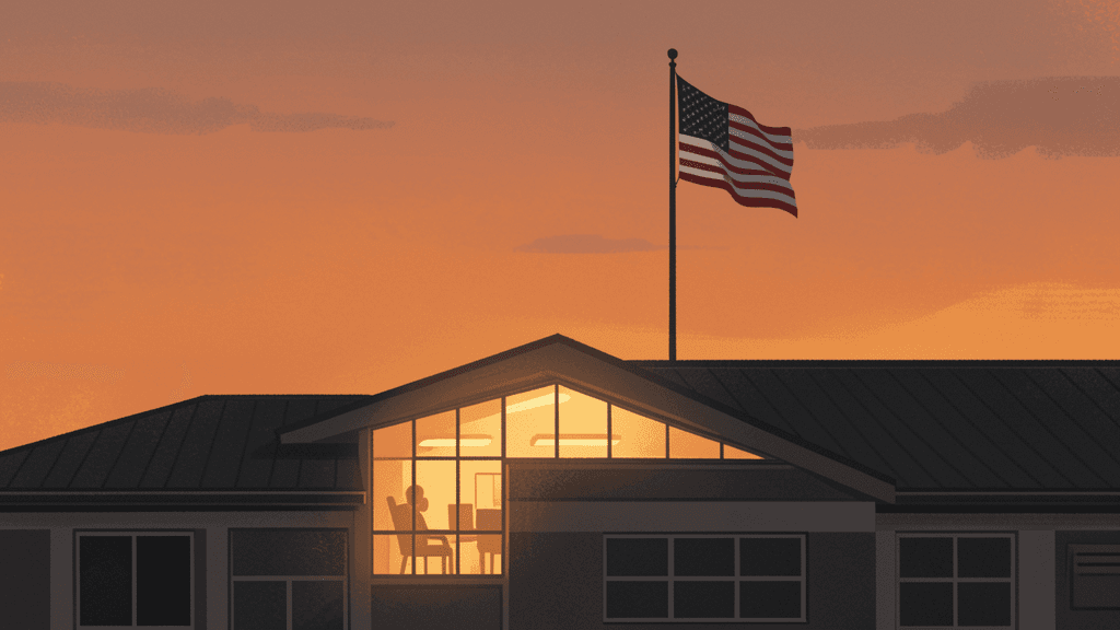 School building at dusk with flag and warm window light — Celina ISD