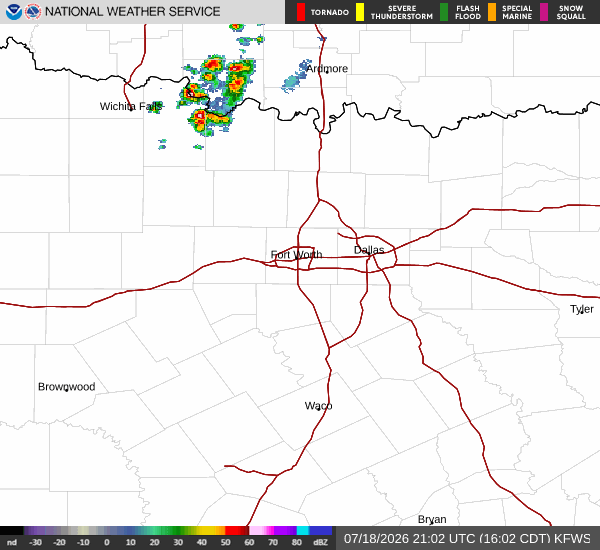 Latest National Weather Service radar for North Texas (KFWS radar). Source: radar.weather.gov.