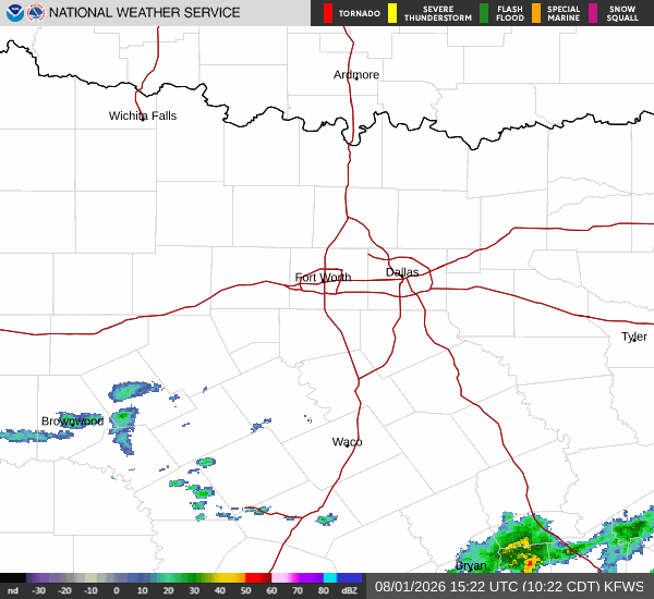 Latest National Weather Service radar for North Texas (KFWS radar). Source: radar.weather.gov.