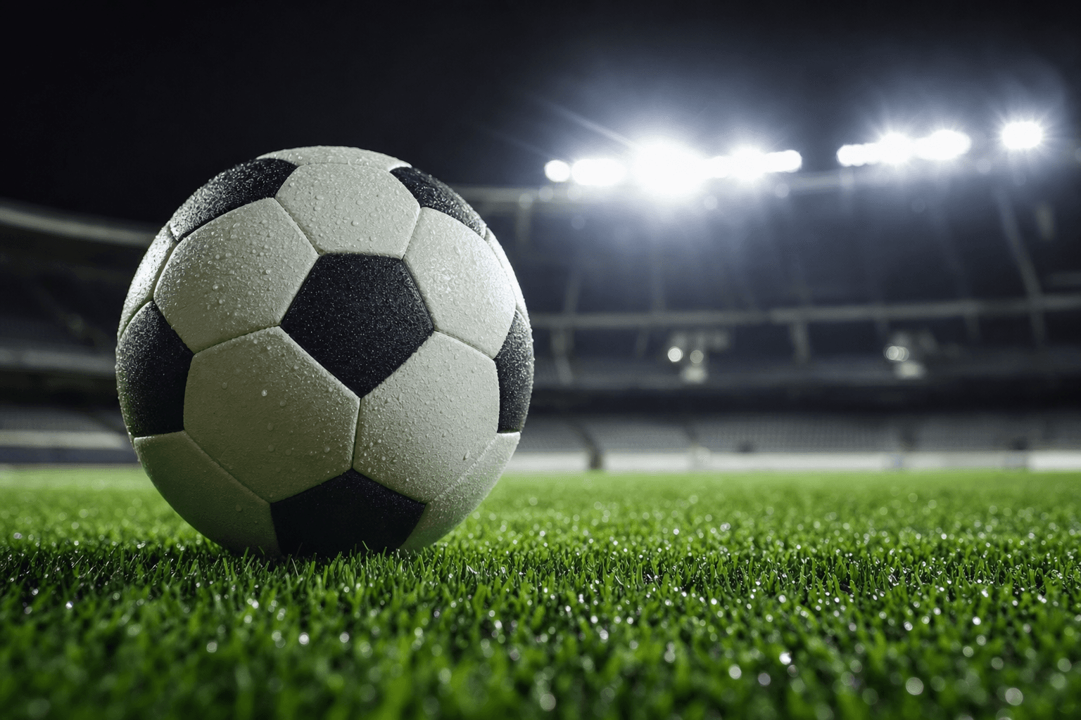 Soccer ball resting on pristine grass under stadium lights, illustrative editorial photo for 2026 FIFA World Cup coverage